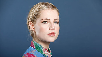 Grey Eyes Lucy Boynton Girl Model Is Standing In Steel Blue Color Background Wearing Colorful Dress Girls HD wallpaper
