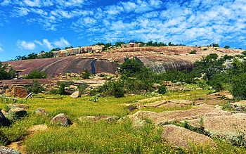Enchanted Rock, Fredericksburg, Texas, meadows, clouds, trees, landscape, sky, usa HD wallpaper