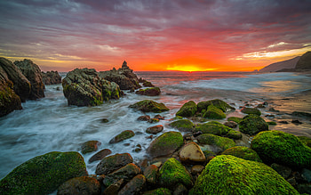 Sunrise over Ocean, beautiful, rocks, ocean, sunset HD wallpaper