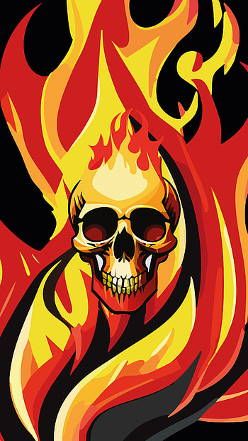 Fire skull, drawing, dark, illustration HD phone wallpaper