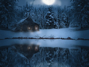 Winter Lake, winter, lake, moon, reflection, snow, clouds, trees, sky, cottage, home HD wallpaper