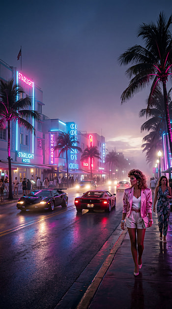 Neon Fog Morning — | Retro Starlight Fog | Foggy Neon Dawn, Neon Sign, City Street, Vintage Car, Palm Tree, Woman HD phone wallpaper