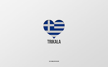 I Love Trikala, Greek cities, Day of Trikala, gray background, Trikala, Greece, Greek flag heart, favorite cities, Love Trikala HD wallpaper