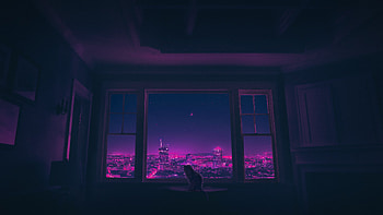 Cat Gazes Through The Window Into A World Of Big Synthwave, cat, synthwave, artist, artwork, digital-art HD wallpaper