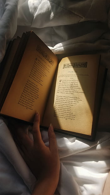 A hand gracefully holds an open book, revealing poetic verses under soft light. HD phone wallpaper