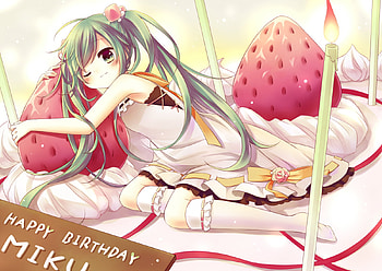 Hatsune Miku, strawberry, awesome, uniform, anniversary, cake, artistic, nice, digital, cg, hatsune, aqua eyes, sexy, outfit, white, art, chocolate, twintail, hot, girl, singer, aqua, anime girl, anime, pretty, virtual, stockings, blue, black, song, leggings, cute, vocaloid, dress, beauty, miku, music, happy birtay, vocaloids, program, beautiful, diva, long socks, aqua hair, red, cool, blush, idol HD wallpaper