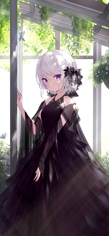 Serene Greenhouse, purple eyes, dress, white hair, short hair, Anime, girl, anime girl HD phone wallpaper