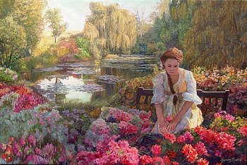 The rose garden, art, garden, girl, woman, zbigniew kopania, lake, summer, rose, painting, pictura, flower, trandafir, water, vara HD wallpaper