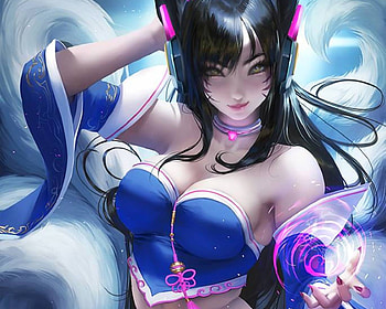 Ahri D, blue, long hair, beauty, nice, 3d, cg, league of legends, game, , female, sexy, sweet, white, magic, tails, crossover, hot, ahri, girl, beautiful, black hair, headphime, video game, pretty, overwatch, lovely, realistic HD wallpaper