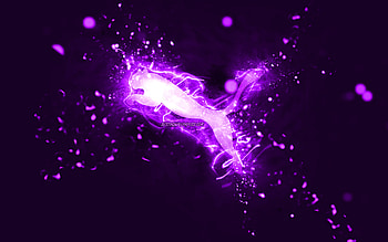 Puma violet logo, , violet neon lights, creative, violet abstract background, Puma logo, brands, Puma HD wallpaper