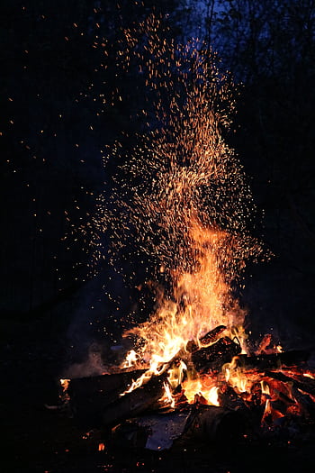 A blazing campfire illuminates the night, with sparks flying in the dark forest atmosphere. HD phone wallpaper