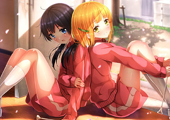 ~Lean On Me~, blue eyes, sitting, anime, girls, friendship, green eyes, friends HD wallpaper