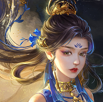 Beauty, suisui, fantasy, yellow, face, gorgeous, girl, blue, frumusete, superb, luminos HD wallpaper