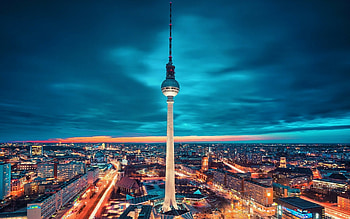 Cityscape lights tower, Berlin, Clouds night, German architecture HD wallpaper