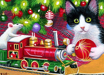 Christmas is Fun, artwork, decoration, toys, painting, mouse, cat, locomotive, christmas tree HD wallpaper