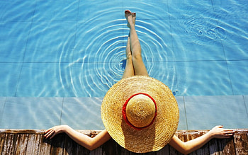Summer time, pool, relax, water, hat, woman HD wallpaper