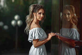 Reflections, beautiful woman, white dress HD wallpaper