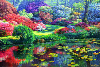 Spring pond, colorful, floral, spring, serenity, quiet, shore, painting, water, calm, art, bushes, beautiful, lake, pretty, freshness, nature, flowers, lilies, lovely, pong HD wallpaper
