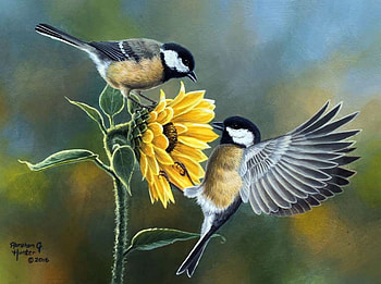 Summer treat, art, abraham hunter, bird, sunflower, summer, painting, pictura, yellow, pasari, vara HD wallpaper