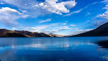 Lake, mountains, sunny day, sky, clouds, nature HD wallpaper