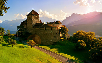 Road trees mountains castle, Alps Liechtenstein HD wallpaper