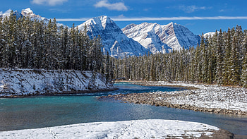 Bow River, Banff NP, Alberta, snow, winter, trees, landscape, forest, mountains, canada HD wallpaper