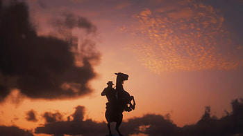 Red Dead Redemption 2 - Horse sunrise, horse, Arthur Morgan, cowboy, silhouette, sunrise, video game, Red Dead Redemption 2 HD wallpaper