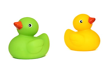 Green and yellow rubber duck toys isolated on a white background. HD wallpaper