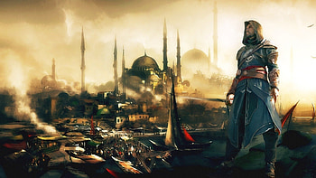 Determination, ship, sword, abstract, city, tower, port, assassin, worrier HD wallpaper