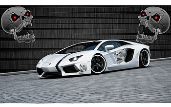 sweet lambo, walls, black and white, cars, eyes, faces, lamborghini, skulls HD wallpaper