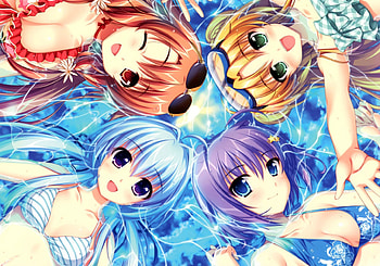 Syanon, Isozaki Renka, Kuribayishi Hatoko & Makishima Hamane, blue, blonde, glow, cute, , gold, background, brown, swimsuit, glasses, , salmon, water, sun, sexy, white, eyes, hot, girl, bikini, orange, dark, purple, anime, violet, light, green, red, girls, blush, cleavage, hair HD wallpaper