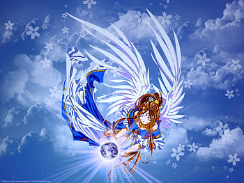 The world in her hands, blue, wings, white, belldandy, series, ova, ah my goddess, girl, goddess, earth, anime, manga HD wallpaper