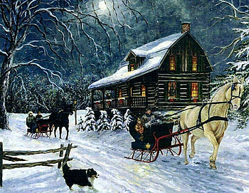 Old Fashioned Christmas, winter, artwork, horses, sleigh, painting, snow, people, cabin HD wallpaper