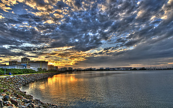 Nature, Clouds, City, Coast, Road, Morning, Buildings HD wallpaper