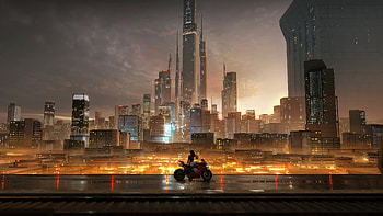 Midnight Velocity Sleek Rider In The Golden City, artist, artwork, art, digital-art, biker, city, synthwave, artstation HD wallpaper
