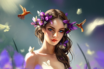 Elaine, face, girl, frumusete, sigita luse, art, bird, gorgeous, purple, superb, fantasy, flower HD wallpaper
