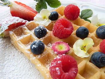 Food, Raspberry, Bilberries, Powder, Wafer, Waffle HD wallpaper