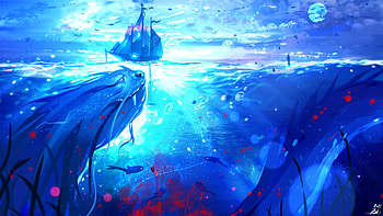 Hunters, night, blue, ship, art, moon, fantasy, ryky, luna, underwater, luminos HD wallpaper