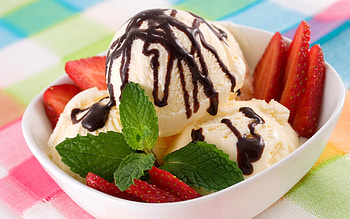 Indulgent dessert, Creamy ice cream, Sweet strawberries, Rich chocolate syrup HD wallpaper