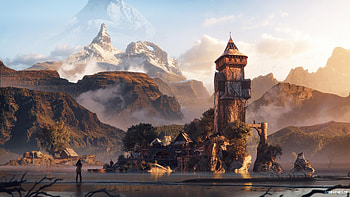 fantasy, landscape, person, building, lake, fantasy landscape HD wallpaper