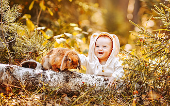 Baby and Rabbit, animal, baby, forest, rabbit HD wallpaper