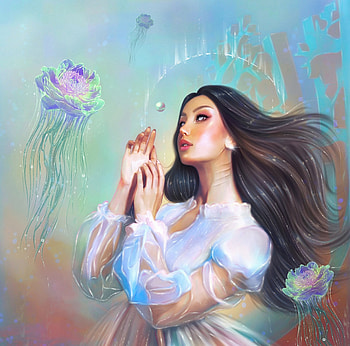 Underwater fantasy, gorgeous, underwater, jellyfish, girl, water, blue, frumusete, art, superb, rose, pink, fantasy HD wallpaper