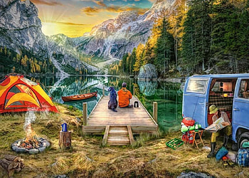 camping, mountains, vw, lake HD wallpaper