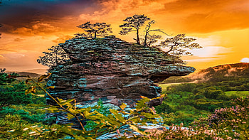 Angels falling, Palatinate Forest, Germany, clouds, trees, colors, sky, sunset, rock HD wallpaper