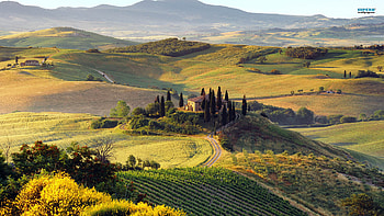 farms in tuscany, fields, farms, mountains, houses HD wallpaper