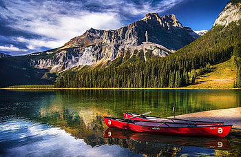 canoes on the lake, canada, mountains, lake, canoes HD wallpaper