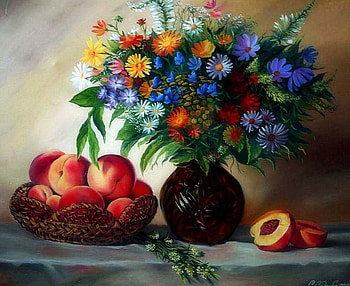 Flowers and Fruits, artwork, still life, bouquet, vase, peaches, paintings HD wallpaper