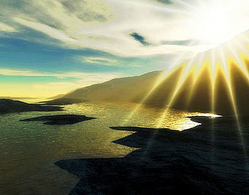 Flash of morning, rays, clouds, sky, peaceful, water, islands, sunrise, mountain HD wallpaper
