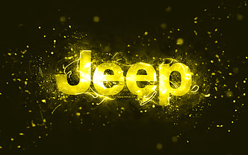 Jeep yellow logo, , yellow neon lights, creative, yellow abstract background, Jeep logo, cars brands, Jeep HD wallpaper