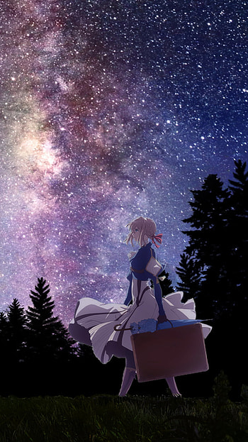 Violet Evergarden’s Starry Night Journey with Blue Eyes and Umbrella, blue eyes, umbrella, night, star, Violet Evergarden (Character), Violet Evergarden, Anime, anime night HD phone wallpaper